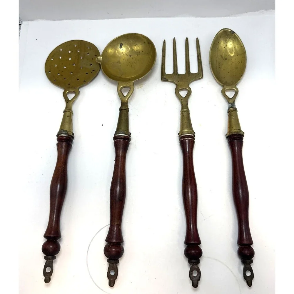 Antique Brass and Wooden 4 piece Kitchen Accessory Utensils Tools Set